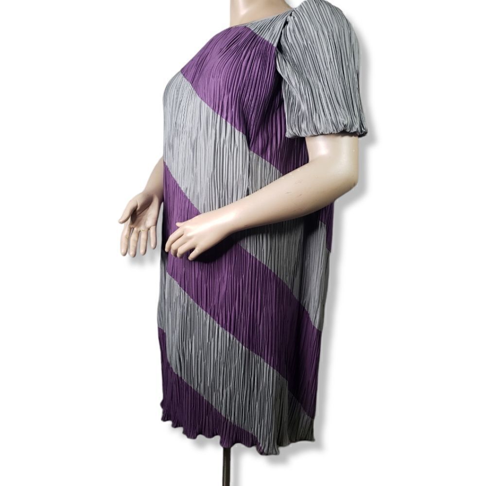 VINTAGE purple and silver gray Stripped balloon sleeves Crinkled Dress - Picture 4 of 9